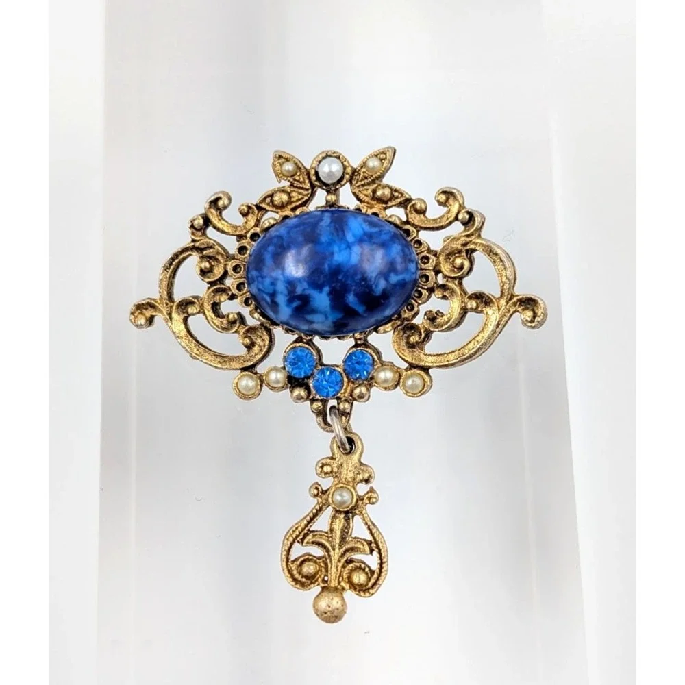 Vintage Blue Cabochon Brooch‎ Gold Tone Dangle Ornate Victorian Revival